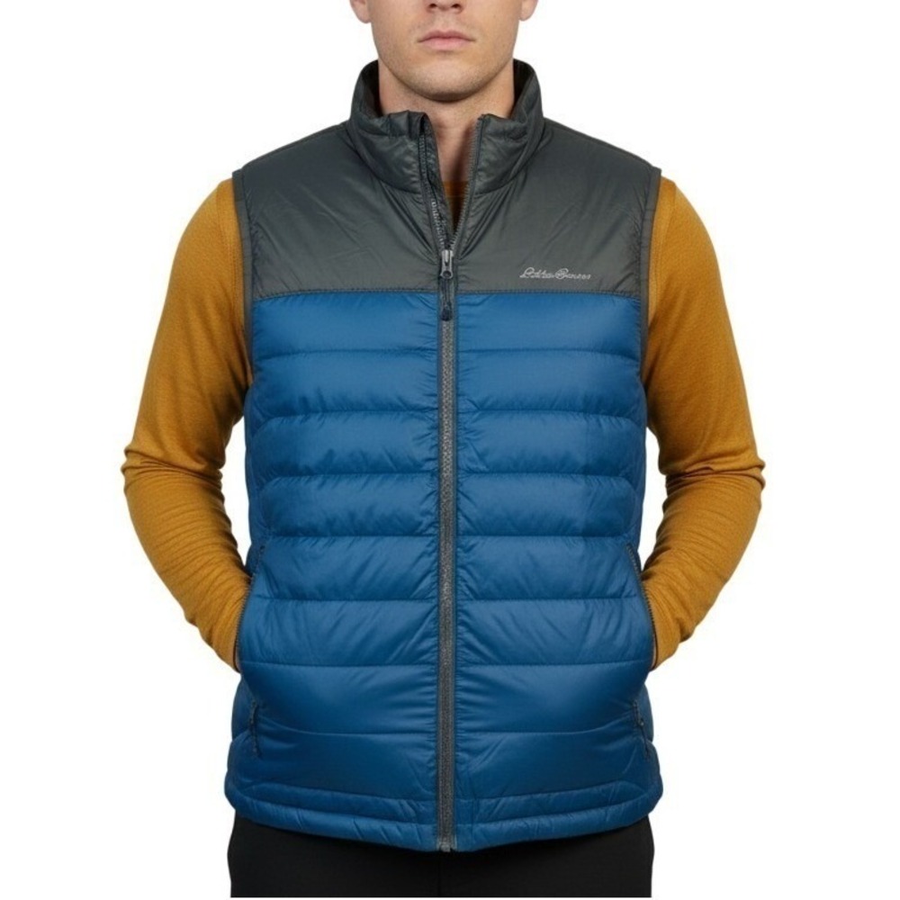 Eddie Bauer Mens Puffer Vest Blue Gray Full Zip Lightweight Outdoors Size M‎